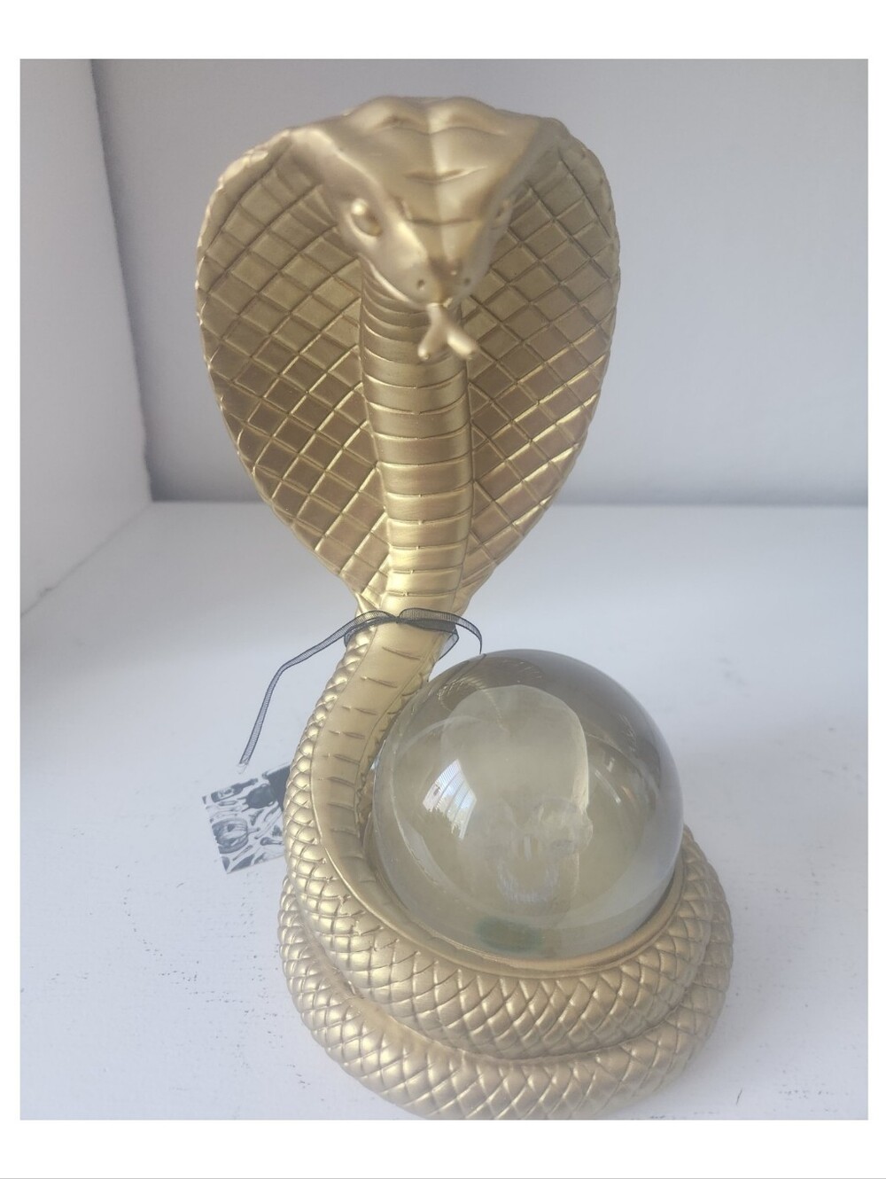 Tahari Black and Gold Decorative Cobra Figurine With Skull Crystal Ball 5 X 8 In
